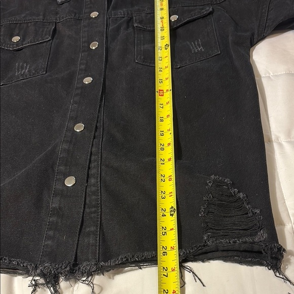 Black Denim Button Down Distressed Shacket Shirt Jacket - Picture 7 of 12